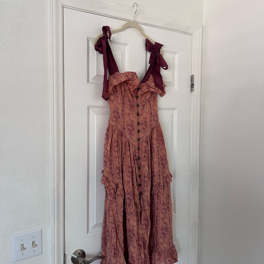 Kimchi Blue Dusty Rose Floral Midi Dress with Maroon Tie-Straps